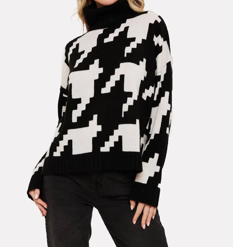Hayley Houndstooth Roll Neck Sweater In Black/white Stretchy Elastic Breathable