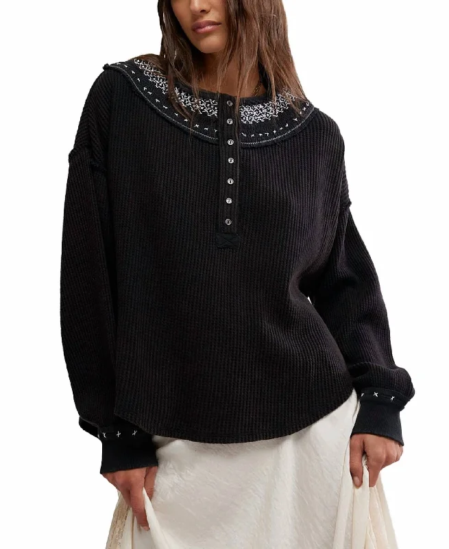 Holly Henley Sweater In Black Elasticated Padded Insulated