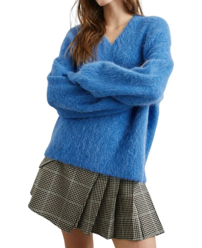 Jodie Sweater In Cobalt Ribbed Striped Patterned