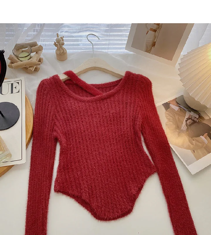 Korean round neck hollowed out irregular slim fitting short sweater  6089 Stretchy Elastic Breathable