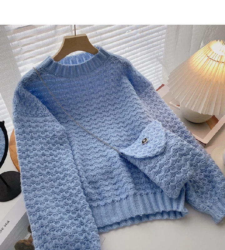 Korean version lazy wind sweet solid color loose Pullover Sweater  5943 Bright Pastel Dark