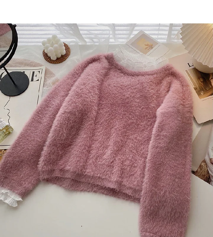 Lace edge stand collar Pullover long sleeve mohair sweater 5973 Spandex Rayon Corduroy Lace edge stand collar Pullover long sleeve mohair sweater 5973 Spandex Rayon Corduroy