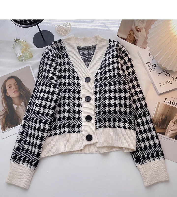 Lazy wind sweater cardigan coat female  5987 Houndstooth Herringbone Solid