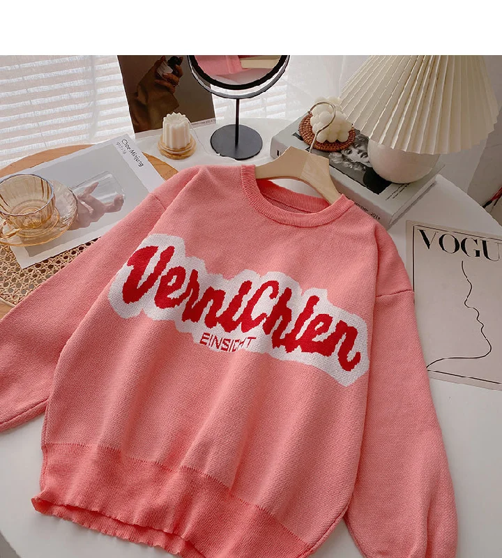 Letter contrast loose lazy long sleeve Pullover Sweater 6016 Notch Collar Peter Pan Collar Cowl Neck Letter contrast loose lazy long sleeve Pullover Sweater 6016 Notch Collar Peter Pan Collar Cowl Neck