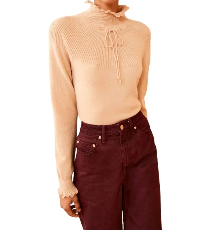 Maisie Turtleneck Sweater In Camel Front Pockets Side Pockets Patch Pockets