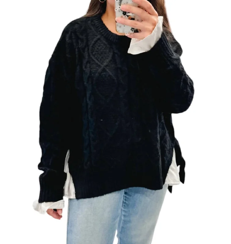 Mixing It Up Cable Knit Sweater In Black Fleece Fabric Down Fabric Feather Fabric