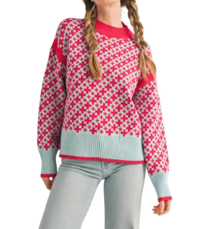 Mock Neck Geo Pattern Pullover Sweater In Red Herringbone Houndstooth Plaid