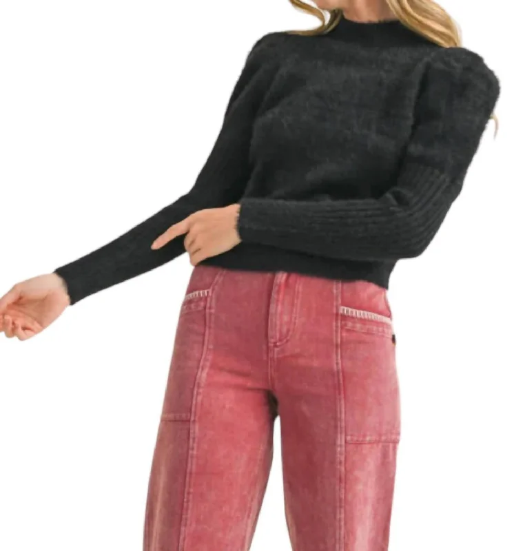 Mock Neck Puff Shoulder Mohair Sweater In Black Terry Blend Velvet Blend Canvas Blend Mock Neck Puff Shoulder Mohair Sweater In Black Terry Blend Velvet Blend Canvas Blend