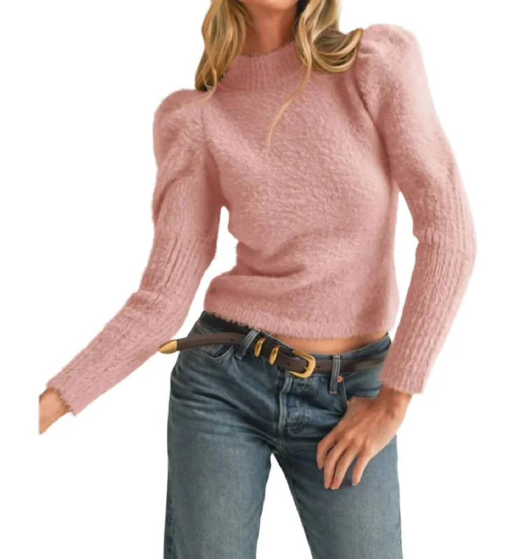 Mock Neck Puff Shoulder Mohair Sweater In Pink Terry Blend Velvet Blend Canvas Blend Mock Neck Puff Shoulder Mohair Sweater In Pink Terry Blend Velvet Blend Canvas Blend