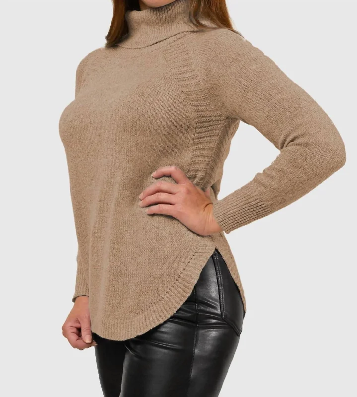 Mossy Shirttail Cowl Neck Sweater In Taupe Fleece Sweater Nylon Polyester