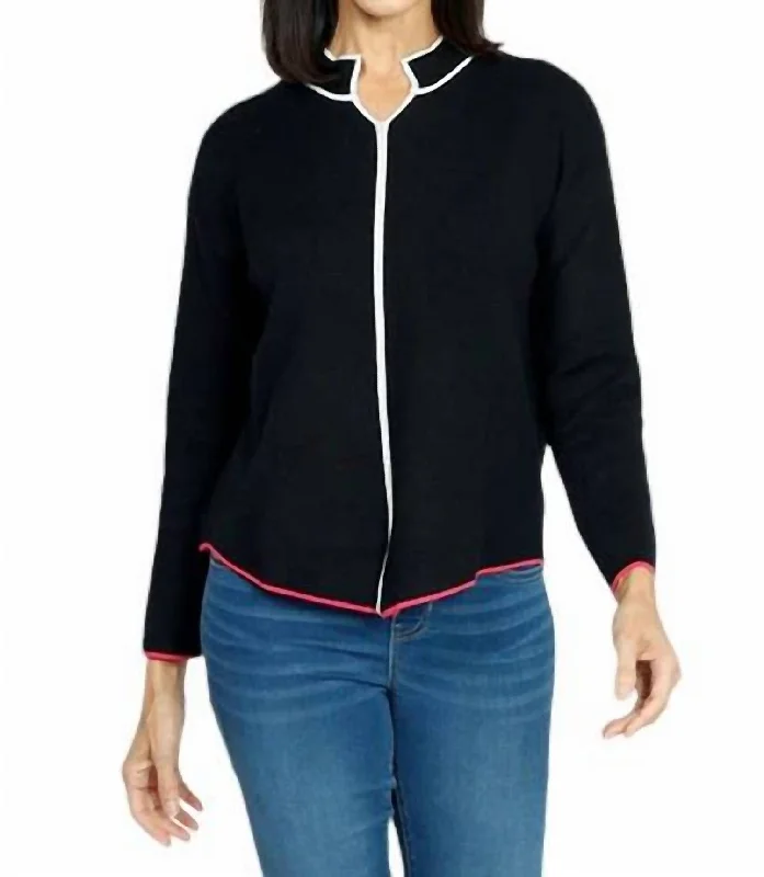Neru Collar Sweater In Black Zippered Front Buttoned Front Snap Front