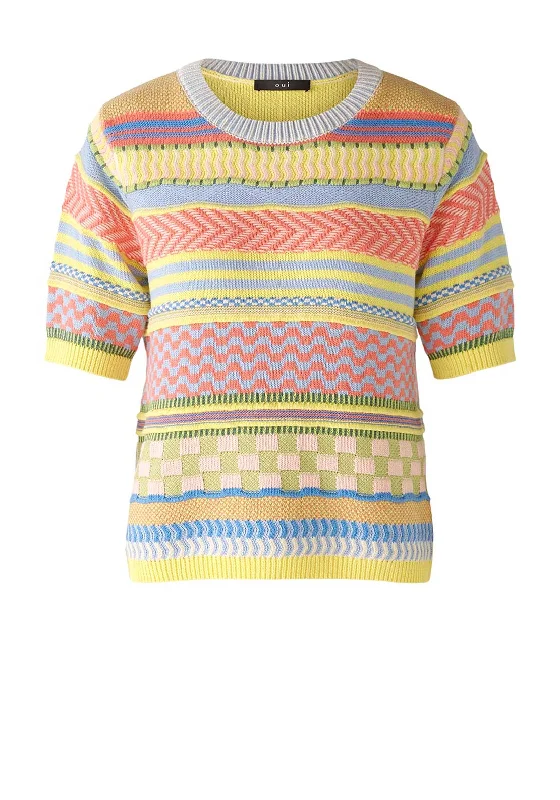 Oui Short Sleeve Striped Sweater, Multi Hooded Sweater Collared Sweater Shawl Collar Oui Short Sleeve Striped Sweater, Multi Hooded Sweater Collared Sweater Shawl Collar