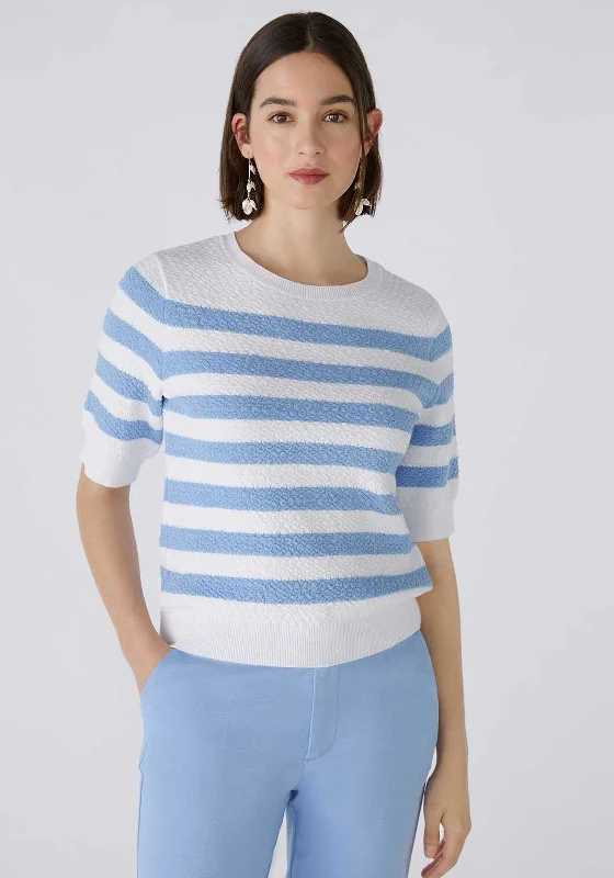 Oui Striped Short Sleeve Jumper, Light Blue & White Fitted Loose Oversized