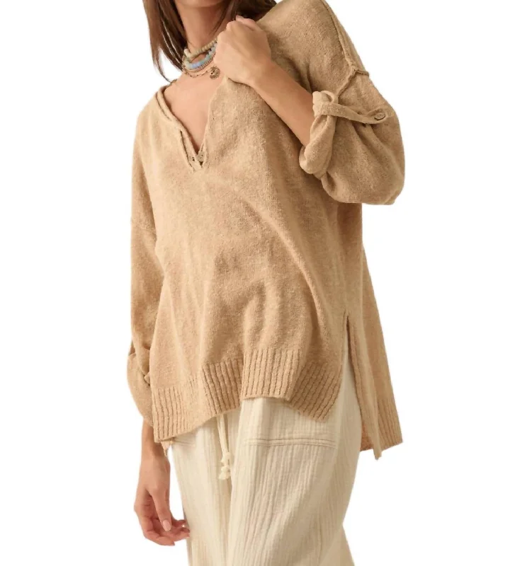 Oversized Roll-Up Henley Sweater In Sand Striped Floral Plaid
