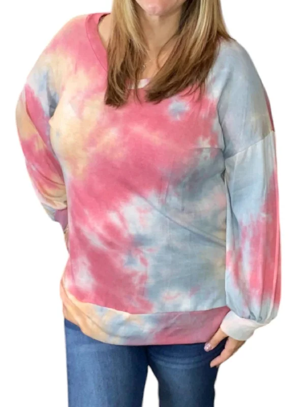 Pastel French Terry V-Neck Sweater In Pink Multi Velvet Chenille Corduroy