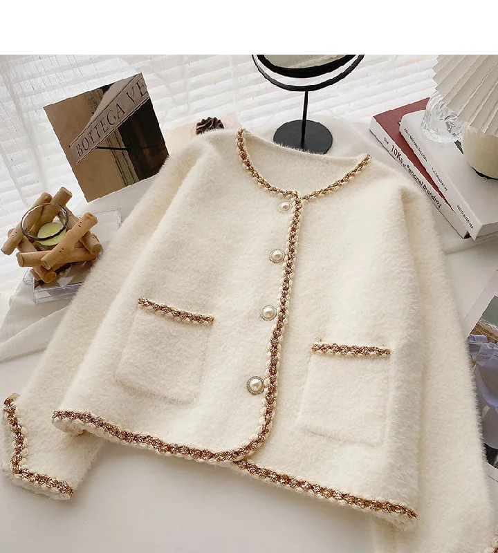 Pearl button small fragrance sweater coat  5994 Graphic Sweater Embroidered Appliqued