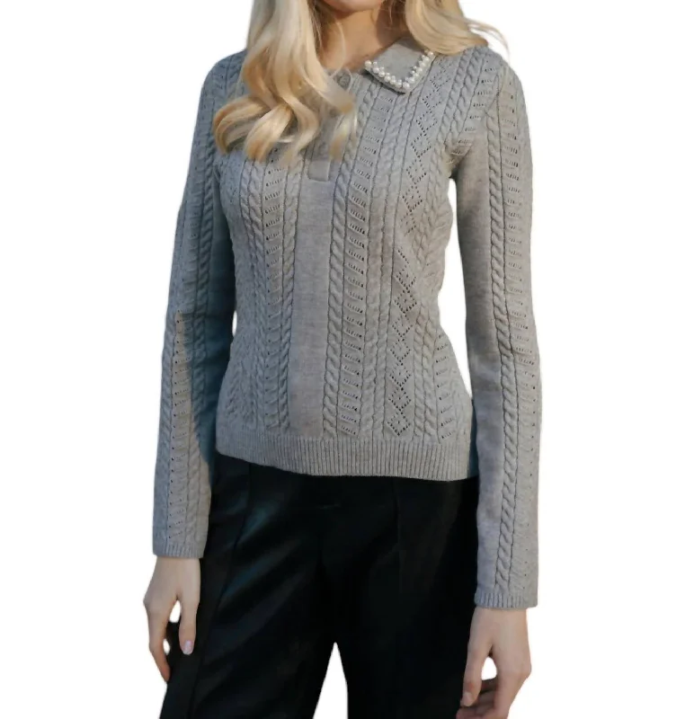 Pearl Collar Sweater In Grey Mesh Sweater Canvas Denim