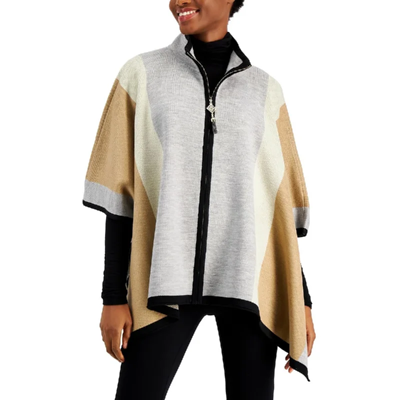 Petites Womens Cotton Blend Colorblock Poncho Sweater Handmade Hand-knitted Hand-woven Petites Womens Cotton Blend Colorblock Poncho Sweater Handmade Hand-knitted Hand-woven