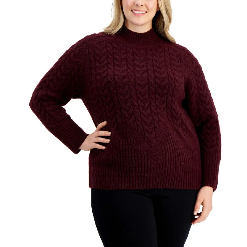 Plus Womens Cable Knit Ribbed Mock Turtleneck Sweater Mesh Blend Leather Blend Suede Blend