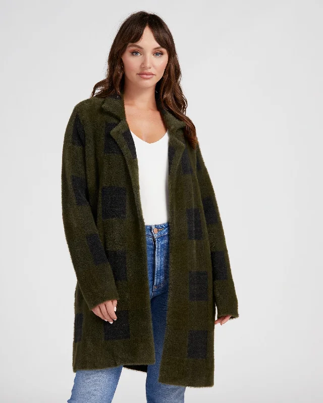Plush Sweater Coatigan Green/Black Buffalo Check Silk Blend Satin Velvet