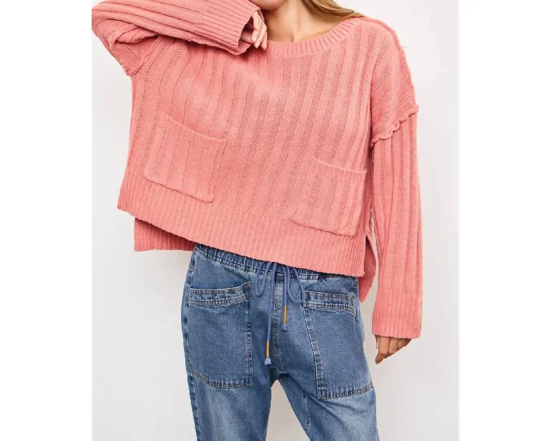 Pullover Pocket Sweater Top In Peach Boat Neck Shawl Collar Notched Collar