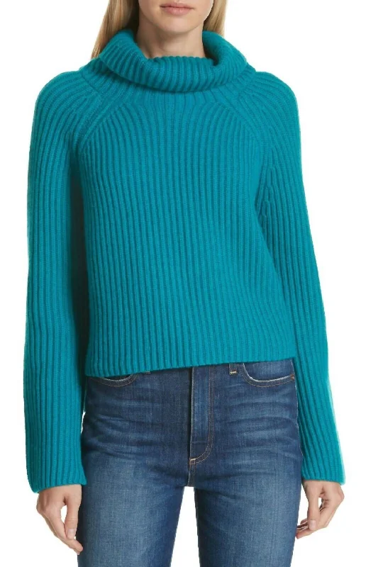Ribbed Cashmere Turtleneck Pullover Sweater In Teal Glossy Satin Silk