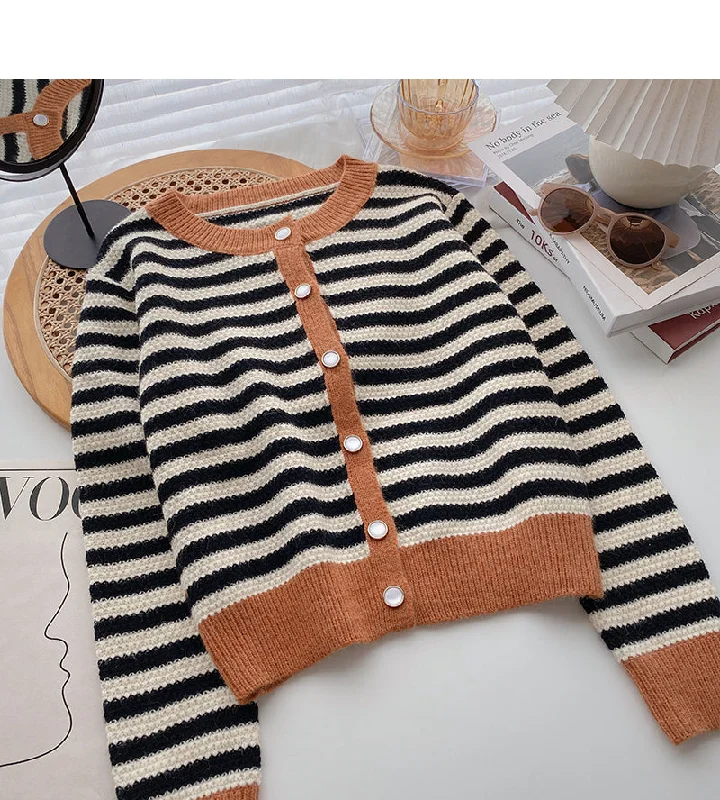Single breasted crew neck striped sweater coat  5996 Chenille Fabric Brocade Fabric Lace Fabric