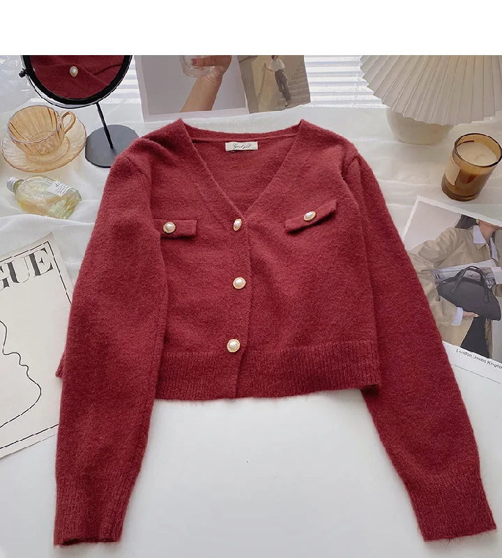 Single breasted V-neck Vintage sweater cardigan female  6013 Long Sweater Short Sweater Cropped Sweater
