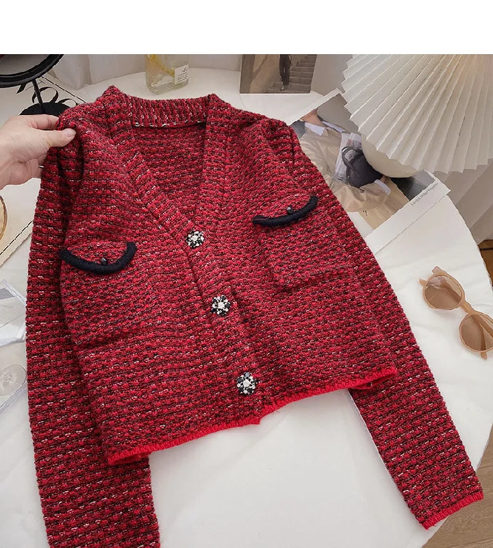 Small fragrance retro red sweater cardigan female  6052 Fitted Slim Tailored