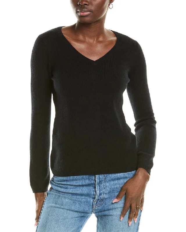 sofiacashmere Modern V-Neck Cashmere Sweater Glossy Satin Silk