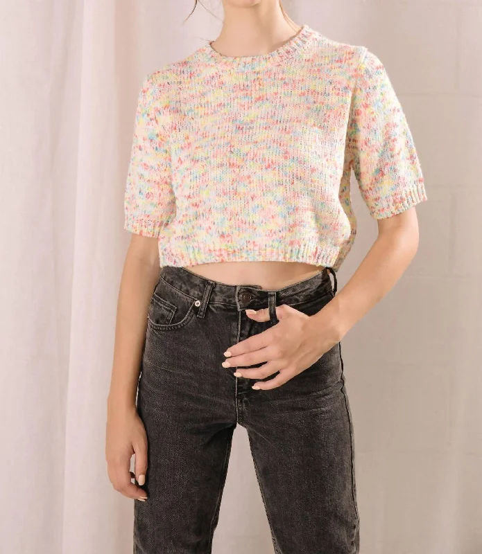Speckled Mini Knit Sweater Top In Rainbow Embroidered Appliqued Beaded