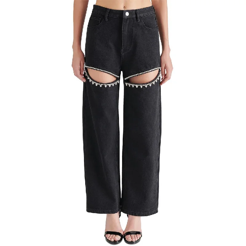 Steve Madden Womens High Rise Cut-Out Wide Leg Jeans Comfortable Folded Hem Jeans