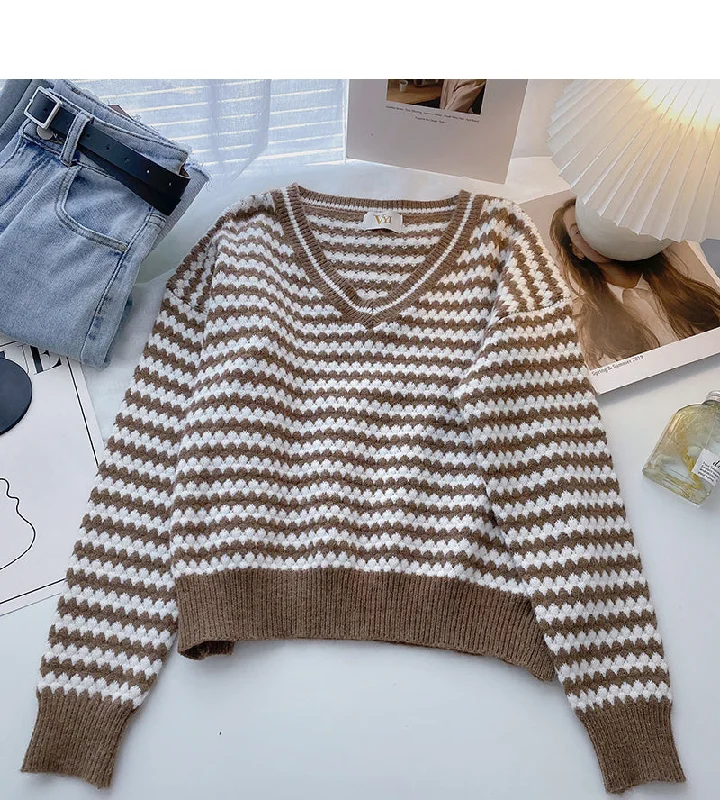 Stripe color contrast V-neck Pullover long sleeve temperament sweater 6000 Neon Metallic Matte