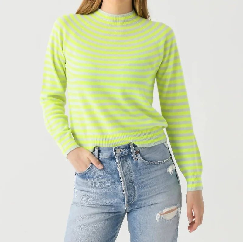 Striped High Crew Sweater In Cement/neon Yellow Lightweight Heavyweight Midweight