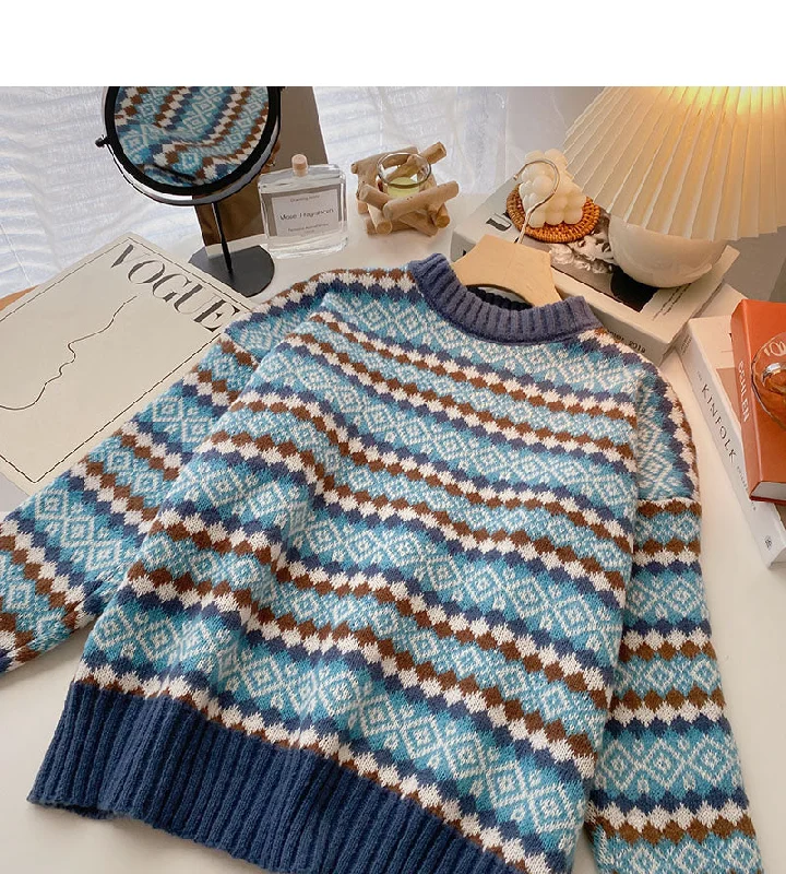 Vintage jacquard contrast Pullover long sleeve sweater  6107 Polka Dot Checkered Tartan