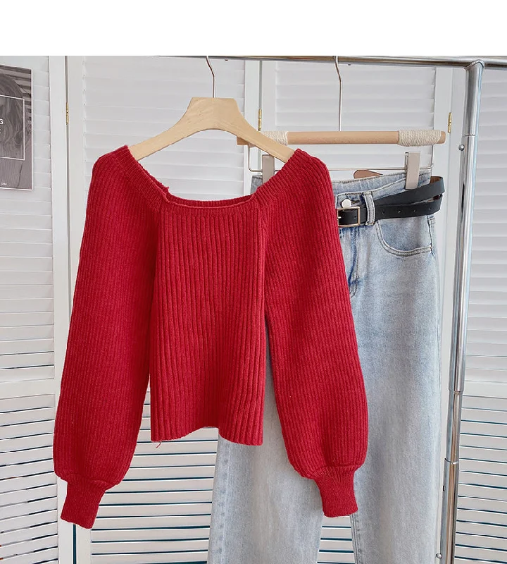 Vintage Lantern Sleeve square neck sweater looks thin and fashionable 6090 High Neck Crew Neck V-Neck Vintage Lantern Sleeve square neck sweater looks thin and fashionable 6090 High Neck Crew Neck V-Neck