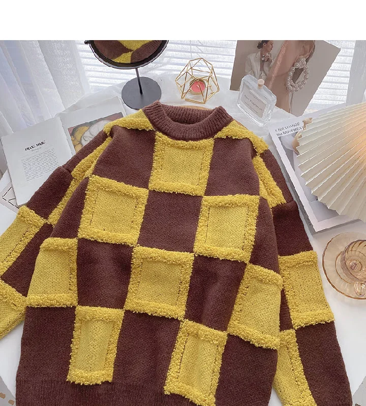 Vintage Plaid contrast flocked sweater female  5993 Fleece Sweater Nylon Polyester