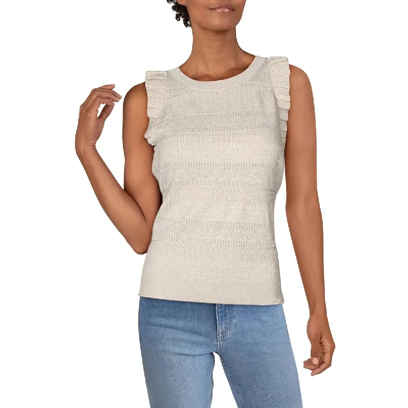 Womens Metallic Ruffled Tank Top Sweater Fitted Slim Tailored