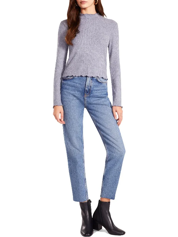 Womens Mock Neck Long Sleeve Pullover Sweater Handmade Hand-knitted Hand-woven