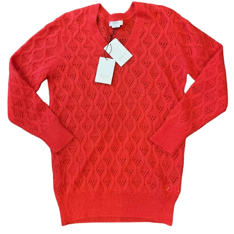 Women's Pointelle Mohair Pullover Knit Sweater In Red Spandex Blend Rayon Blend Denim Blend Women's Pointelle Mohair Pullover Knit Sweater In Red Spandex Blend Rayon Blend Denim Blend