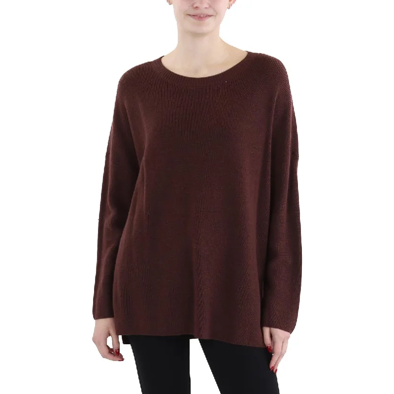 Womens Ribbed Split Hem Crewneck Sweater Elegant Classic Vintage