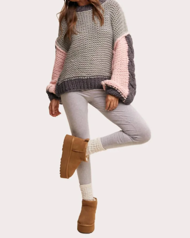 Zarela Chunky Knit Sweater In Grey Rayon Fabric Velvet Fabric Corduroy Fabric