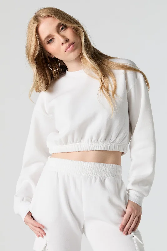 Fleece Cropped Crewneck Sweatshirt Hoodie with Frayed Bohemian Relaxed