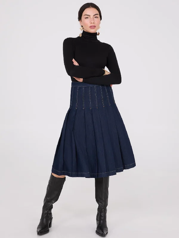 Denim Pleated Midi Skirt denim skirt fashionable