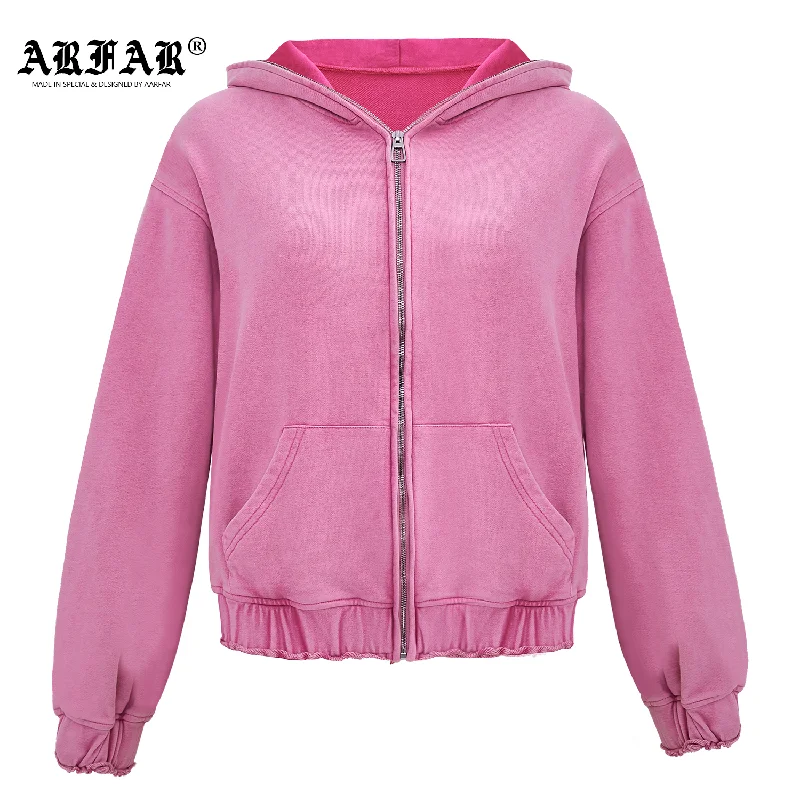100% Cotton Acid Washed Zip Up Hoodie Hoodie with Frayed Bohemian Relaxed