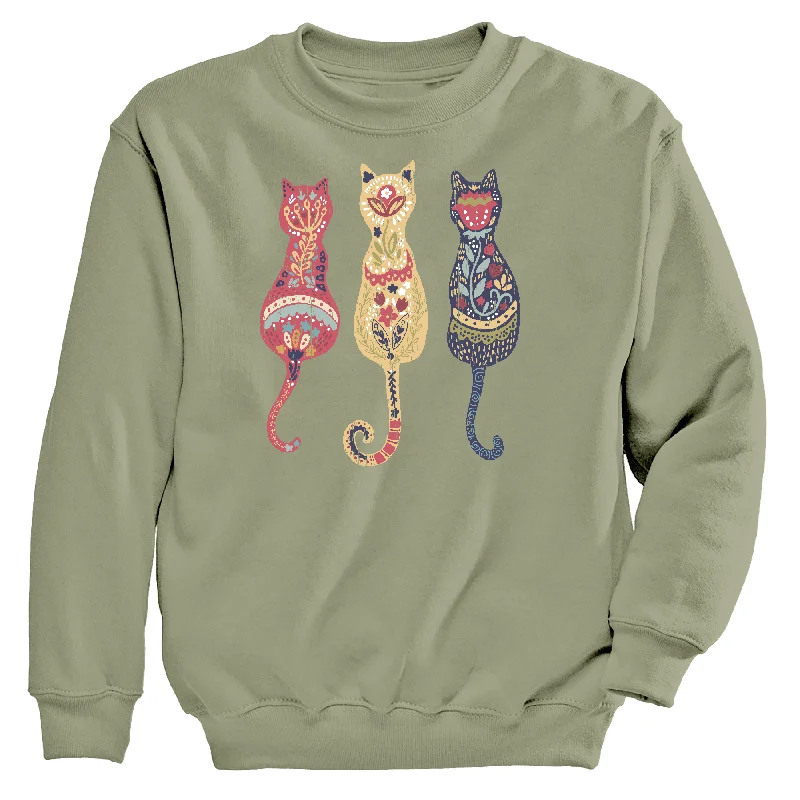 Folksy Cat Women's Crew Neck Sweatshirt Hoodie with Hem Lace Feminine Delicate