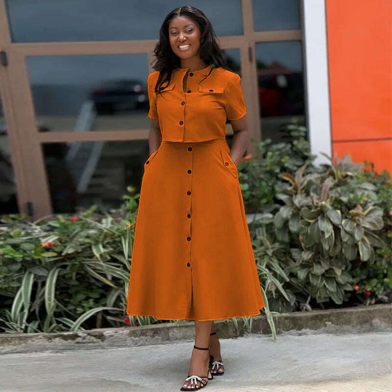 2024 summer new temperament round neck short sleeve top breasted skirt suit tiered skirt playful