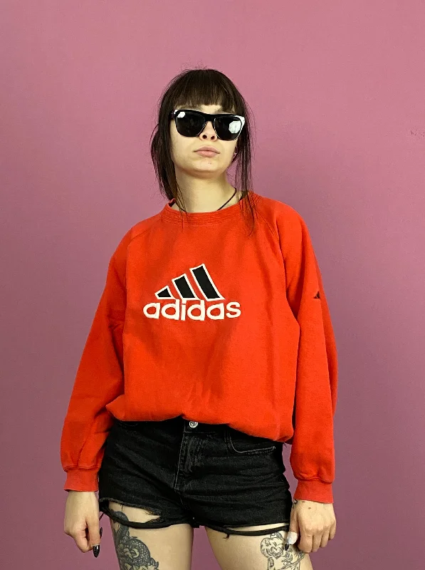 90s Adidas Vintage Women's Sweatshirt - S Red Cotton Blend Hoodie with Pattern Geometric Abstract 90s Adidas Vintage Women's Sweatshirt - S Red Cotton Blend Hoodie with Pattern Geometric Abstract