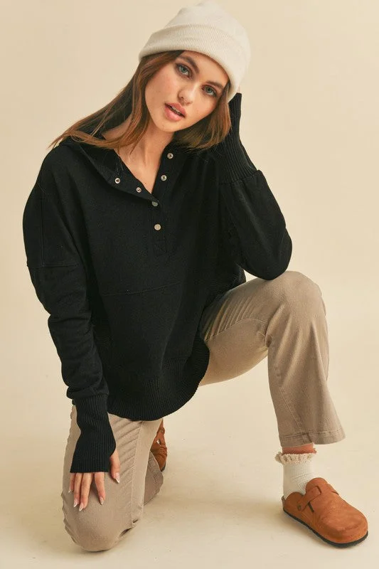 Aemi+Co Half Snap Dropped Shoulder Hoodie Hoodie with Applique Textured Unique