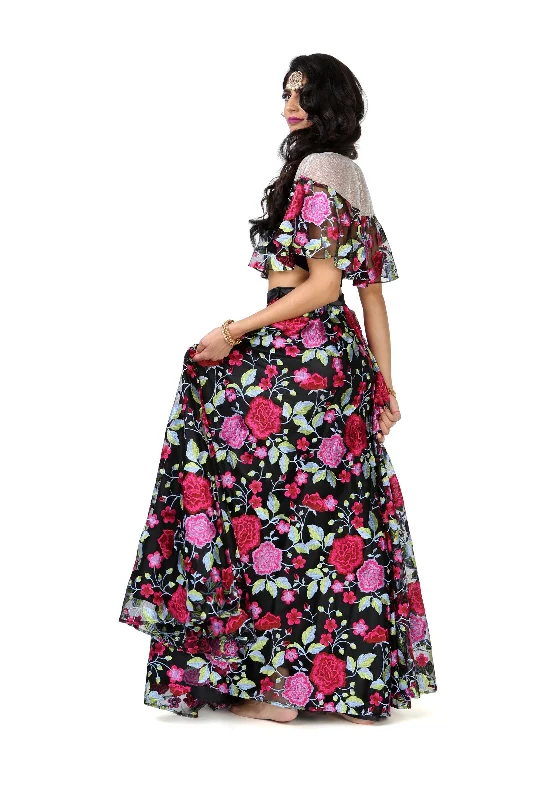 ALISHA Black Floral Embroidered Skirt silk skirt elegant